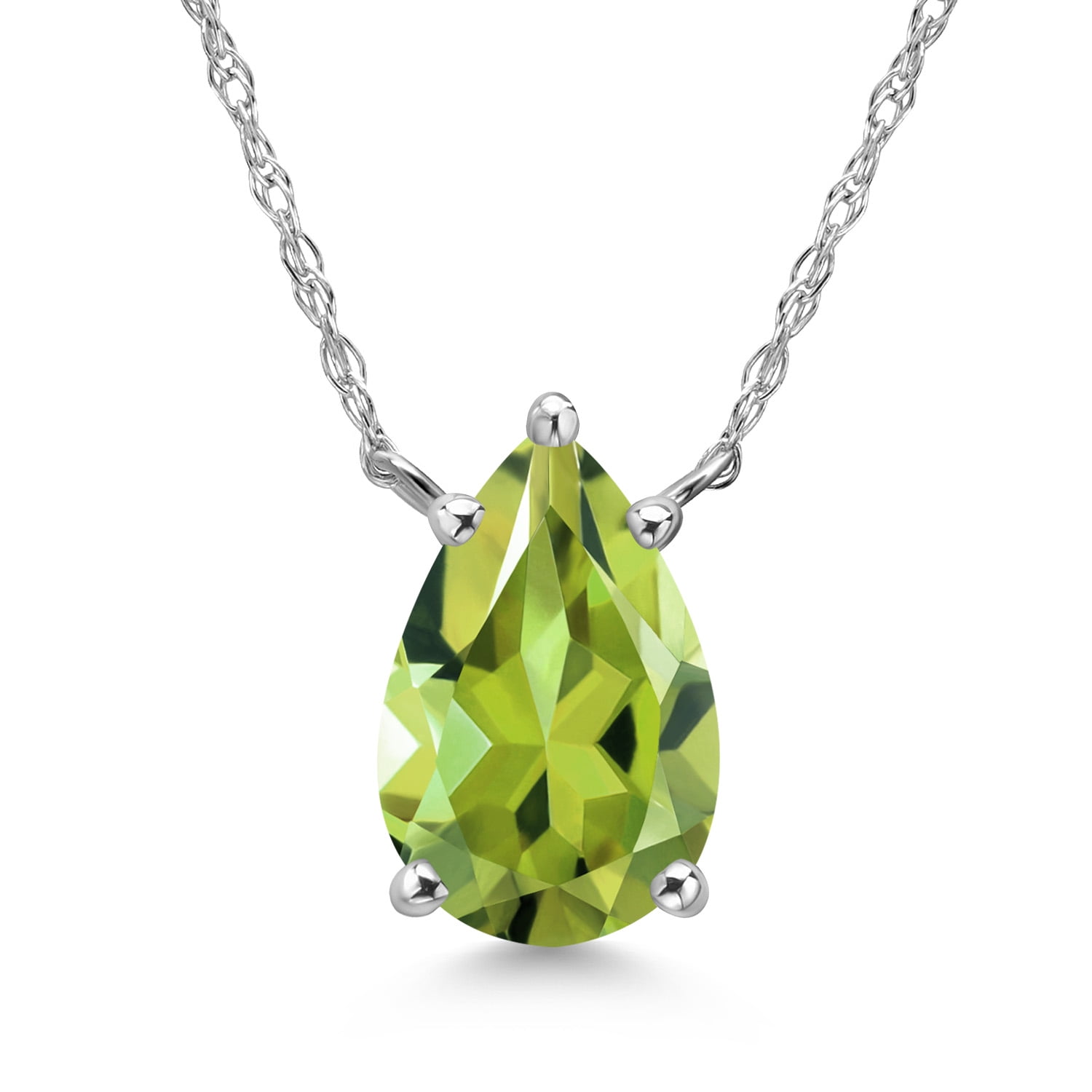 Gem Stone King 14K White Gold Green Peridot Pendant Necklace for Women | 1.84 Cttw | Gemstone August Birthstone | Pear Shape 10X7MM | With 18 inch Chain