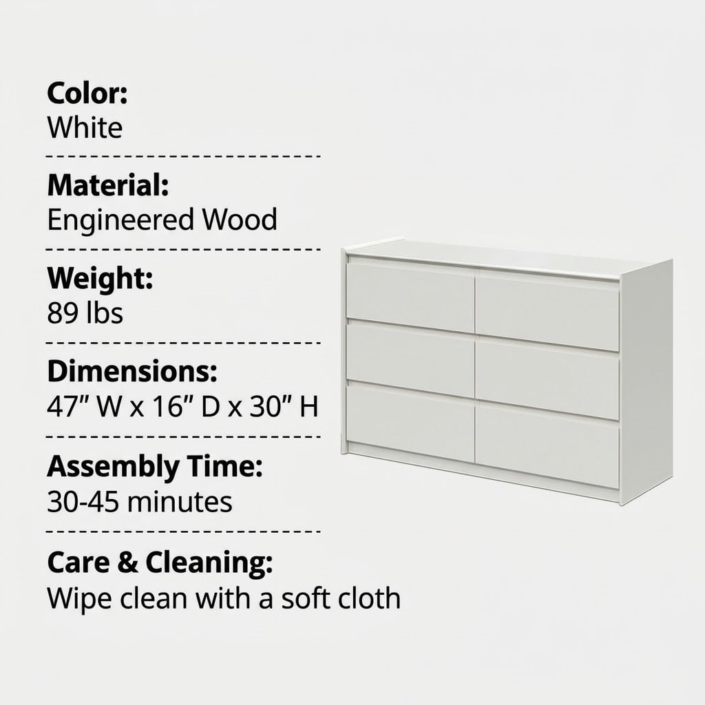 YAURA 47" Wide Modern White 6-Drawer Dresser, Chest of Drawers Storage Organizer for Bedroom, Closet, Hallway & Living Room