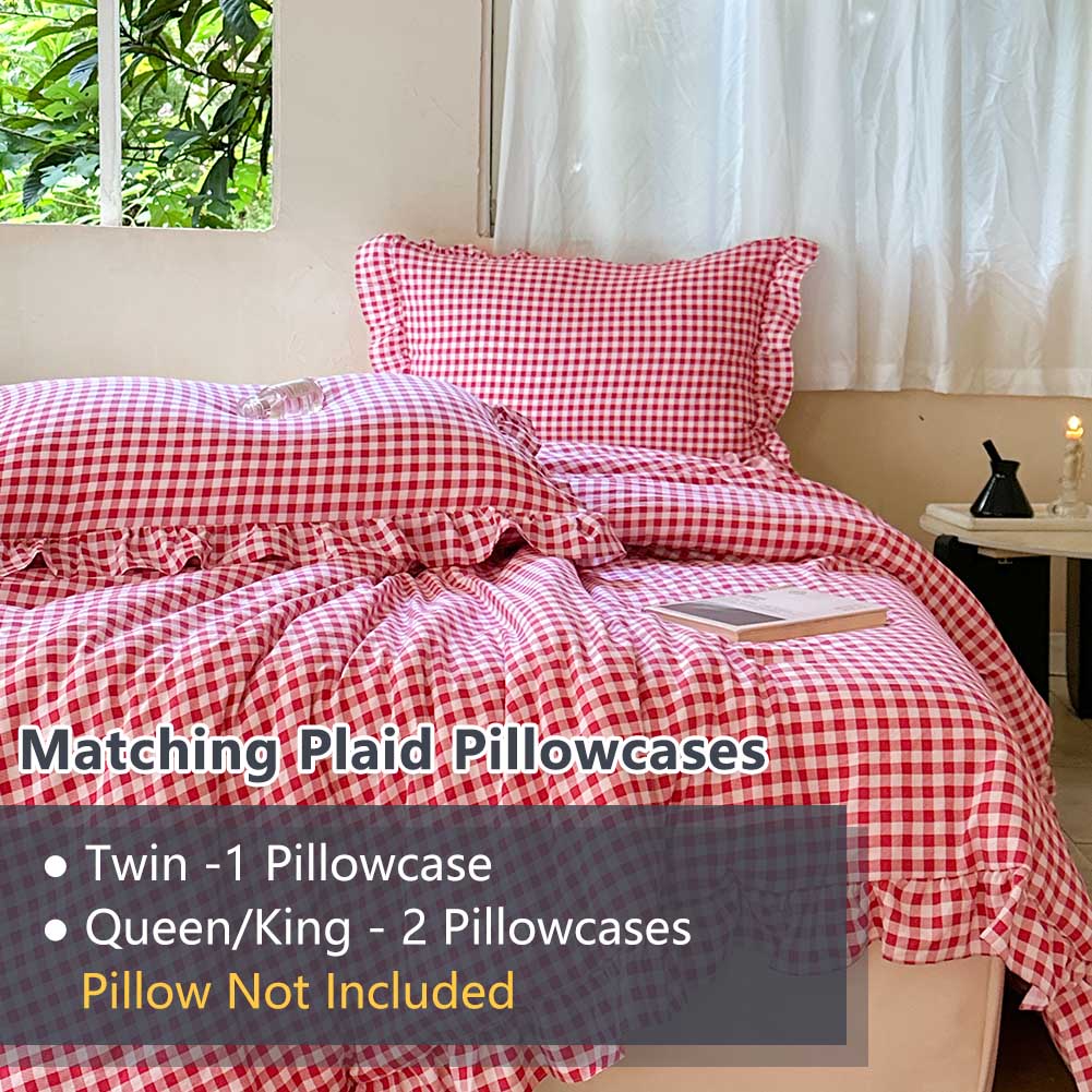 Red Gingham Ruffle King Comforter Set, Red Ruffled Plaid Bedding Set, Ruffled Checked Bed Comforter 3 Pieces(Red Gingham, King)