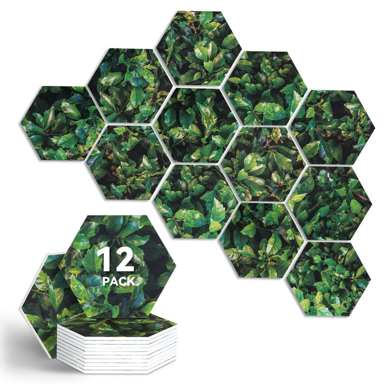 DOLLAR BOSS 12Pcs Self Adhesive Felt Board Tiles Hexagon Bulletin Board for Walls, Green Leaves Printing Hexagon Felt Bulletin Home Wall Decor, Felt Cork Pin Board for Pictures Photos Memos