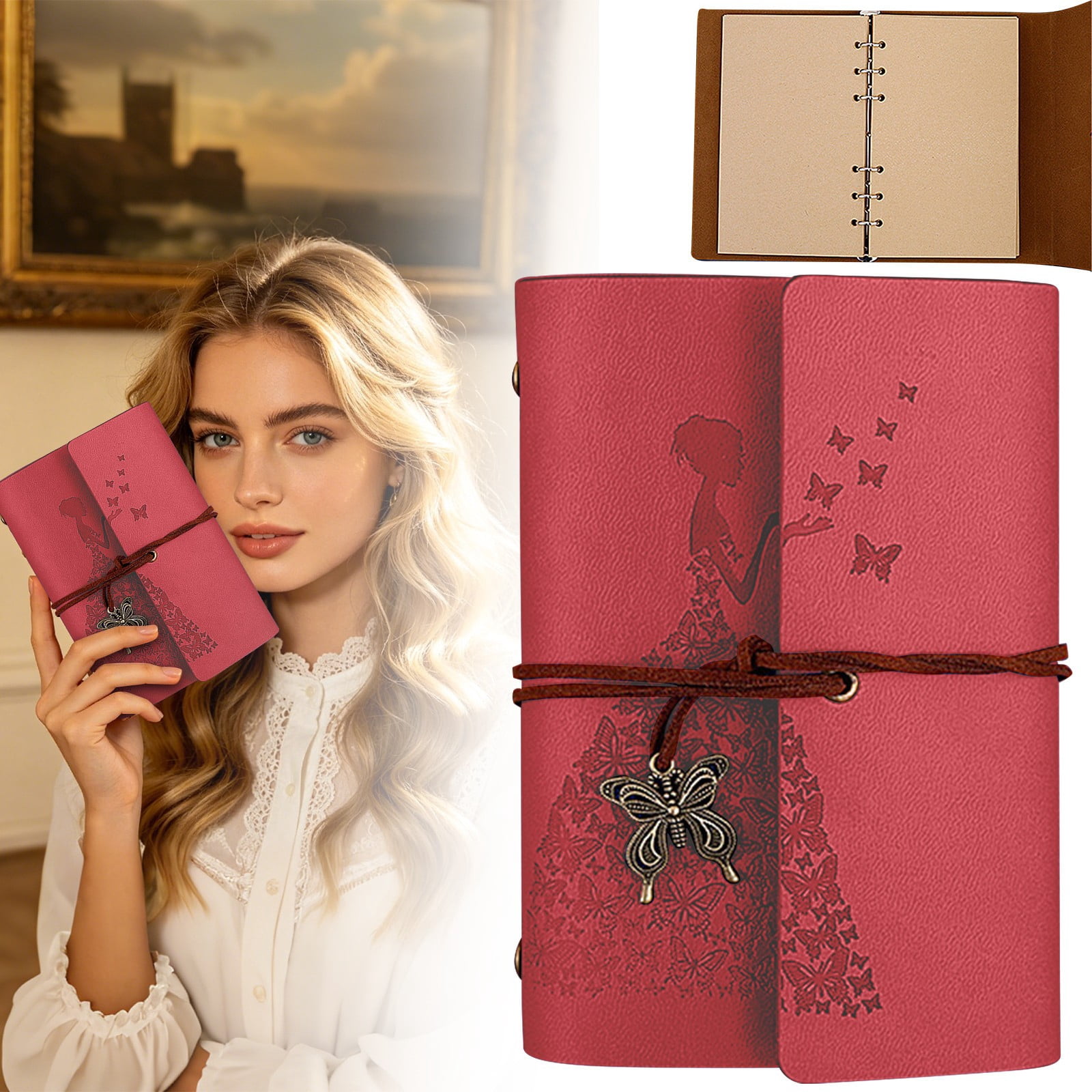 ZMKIAG Refillable Butterfly Vintage Leather Journal Notebook – Spiral Bound Diary with Unlined Blank Pages – Travel Journal, Writing Notepad – Gifts for Teens & Students