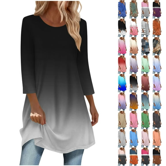 JTZGDY Fall Tunic Tops for Women Fashion Tie Dye/Striped/Color Block/Floral Printed 3/4 Length Sleeve Crewneck Graphic T-Shirts Loose Flowy Dressy Pullover Blouse Black#01 L