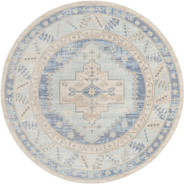 Unique Loom Whitney Bright Medallion Rug 7' x 7' Round Sky Blue/Ivory