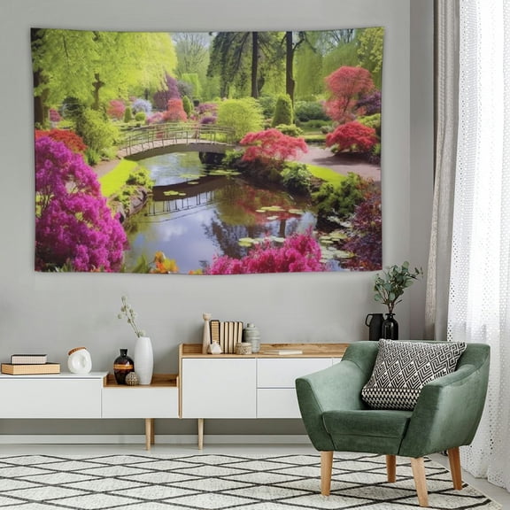 Creowell  Japanese Tapestry, Spring Reflections Landscape Wall Hanging Large Tapestry Psychedelic Tapestry Decorations Bedroom Living Room Dorm(60x40 Inch, Green) 60x40in