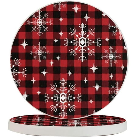

Set of 2 Round Coasters Red-Plaid-Snowflakes-Christmas for Drinks 4 Inch Ceramic Cups Place Mats Home Decor