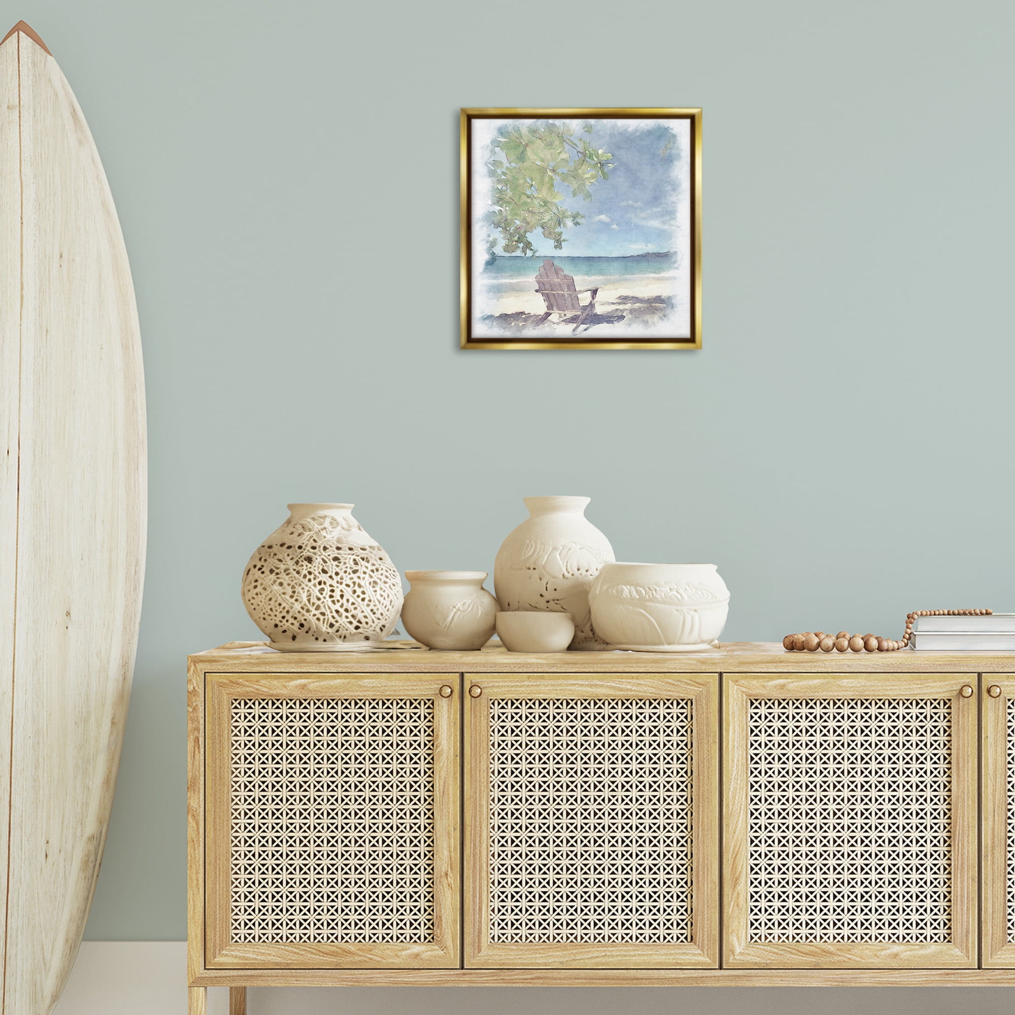 Stupell Industries Lone Chair Beach Shore Landscape & Nature Painting Gold Floater Framed Canvas Art Print Wall Art, 18 x 18