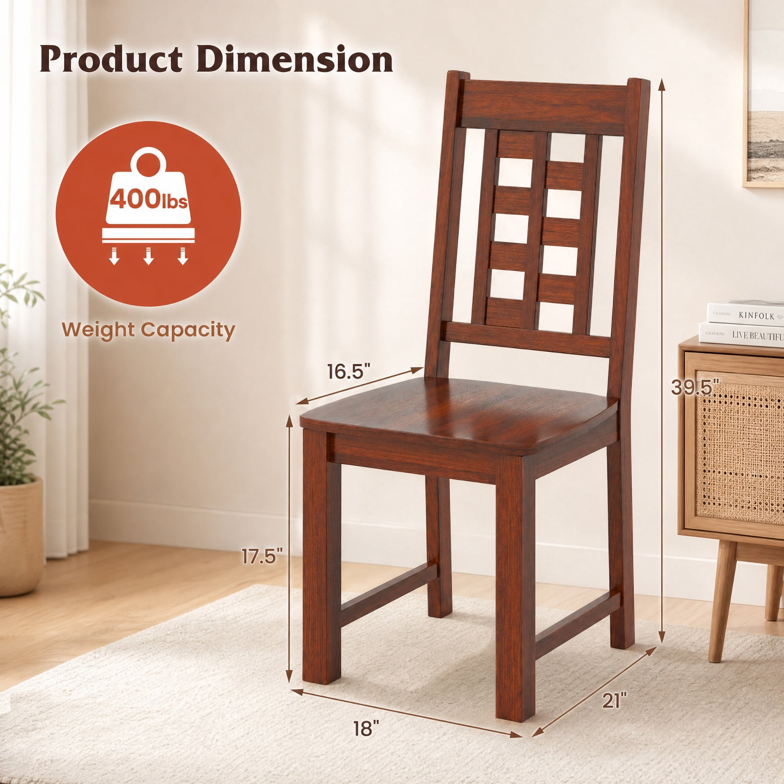 Furnibear Wooden Dining Chairs Set of 2 Kitchen Chair with Solid Rubber Wood Frame and Curved Back for Dining Room, Walnut