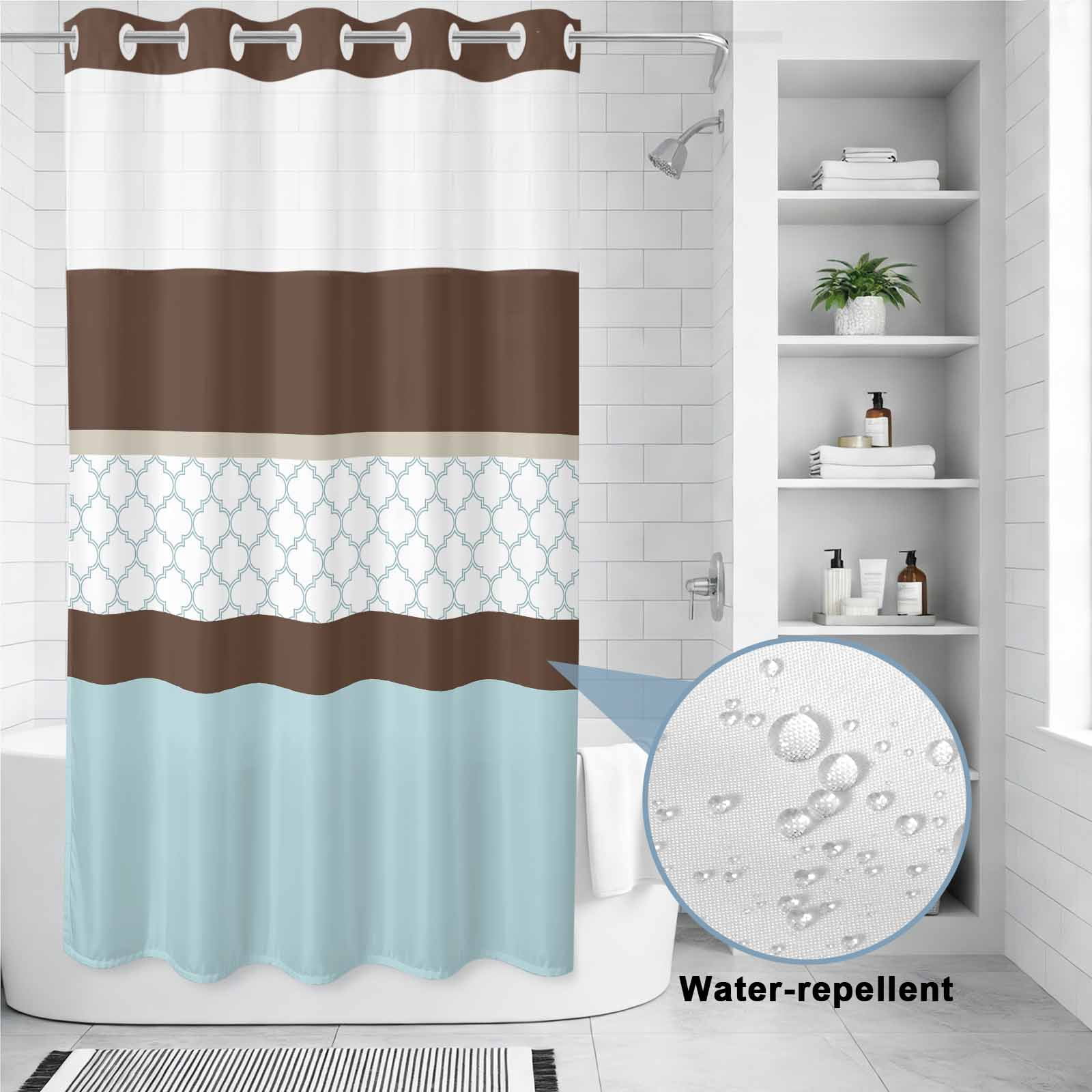Small Stall No Hook Shower Curtains Blue Brown Morocco Waterproof Fabric Shower Curtain Set Geometric Stripes Aqua Stitching Bath Curtains for Bathroom Decor with See Through Top Window 36x72 Inch
