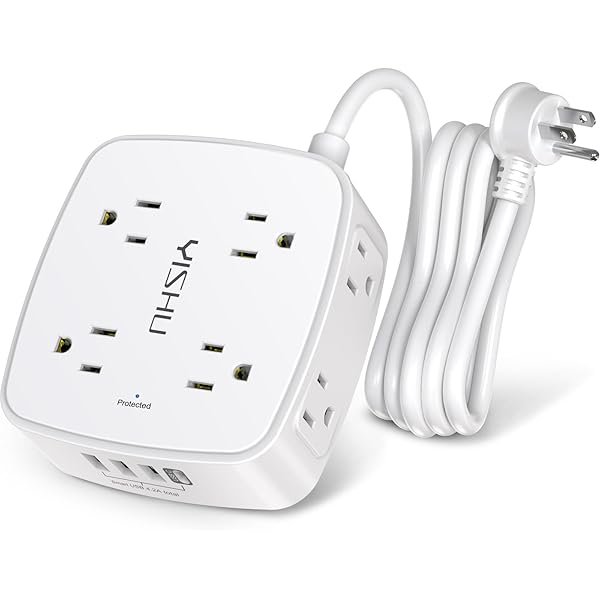 Regleta de enchufes con protección contra sobretensiones de 1,8 m, 8 tomas de corriente con 4 puertos USB, extensor de 3 tomas laterales con cable de extensión de 1,8 m, enchufe plano,