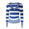 thumbnail image 2 of Suagox Women Trendy Knitted Tops, Knit Striped V-Neck Long Sleeve Ribbed Cuffs Knitwear for Females, Brown/Light Coffee, 2 of 7
