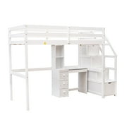Euroco Wood Twin Bunk Loft Bed with Desk, Drawers and Shelf for Kids Teens, White
