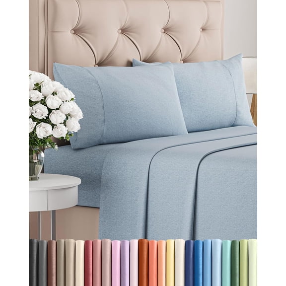 Queen 4 Piece Sheet Set in Heathered Blue with Deep Pockets