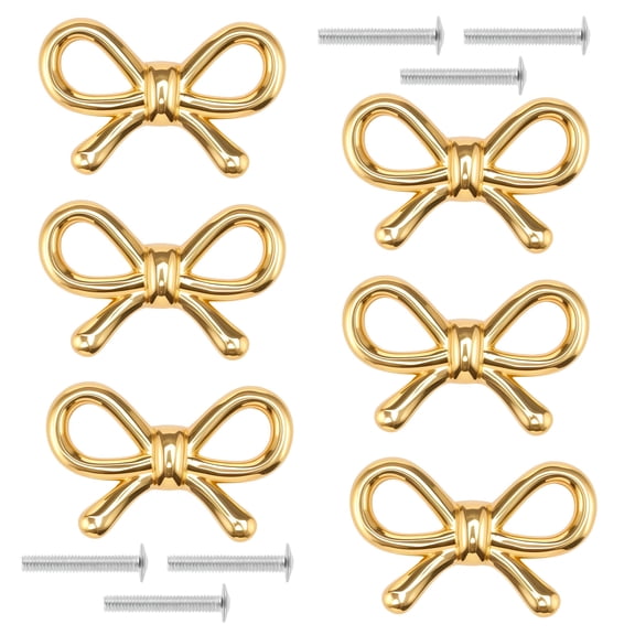 6Pcs Bow Shape Drawer Knobs Gold Brass Cabinet Pulls with Screws Decorative Cupboard Handles for Dresser Wardrobe Drawer Cabinet