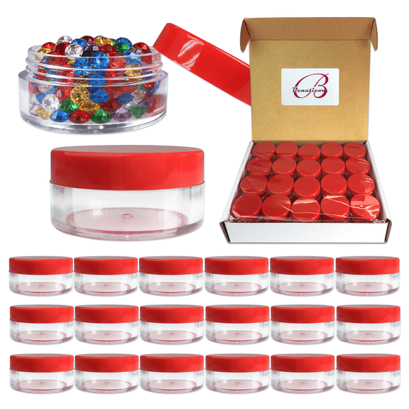 Beauticom 10g/10ml (0.36 oz) Clear Plastic Jars with Lids for Creams, Lotions, Make Up, Powders, and More… (Quantity: 40 Pieces, Color: Red Lids)