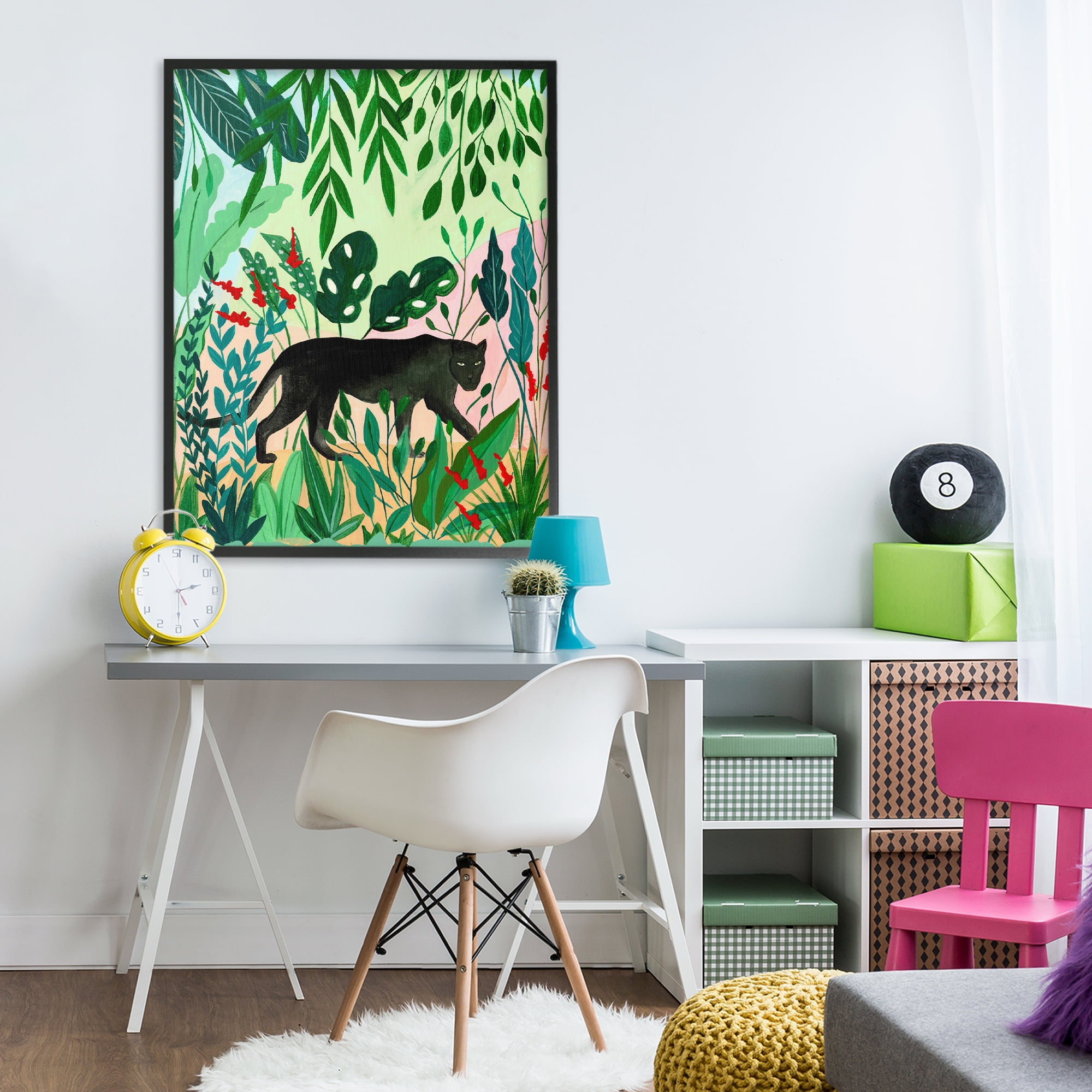 Stoic Panther Tropical Forest Black Framed Giclee Art, design by Nabeela Rumi
