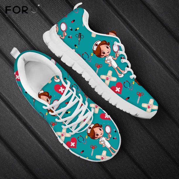 Zapatos planos casuales Doginthehole para mujer, bonitos zapatos de enfermería con dibujos animados para mujer, zapatillas de malla con cordones en azul oscuro para mujer, zapatos para mujer