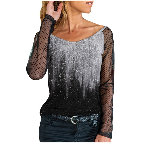 Mujeres Casual Gradiente Impreso Encaje Empalme Manga larga Jersey Blusa Camiseta Tops Fridja hkj1915