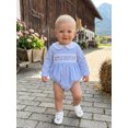 thumbnail image 4 of BemeyourBBs Newborn Baby Boy Little Brother Outfit Infant Baby Boys Spring Fall Clothes Gingham Plaid Bubble Romper Long Sleeve Letter Embroidery Doll Collar Smocked Bodysuit Jumpsuit, 4 of 9