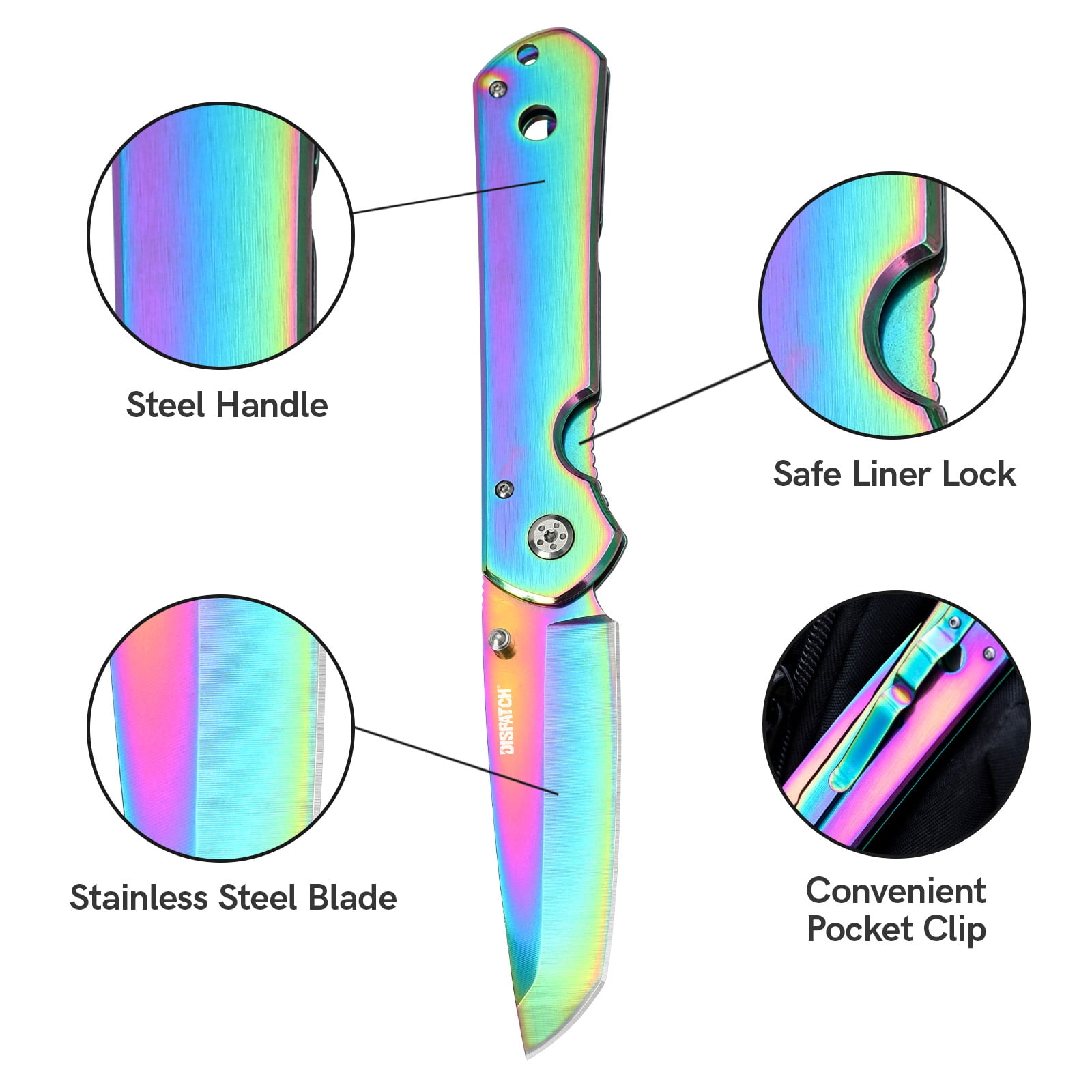 Dispatch 4PCS 5.3” Folding Pocket Knife, 3Cr13 Steel Blade, Pocket Knife with Non-Slip Steel Handle & Pocket Clip(Rainbow & Silver)