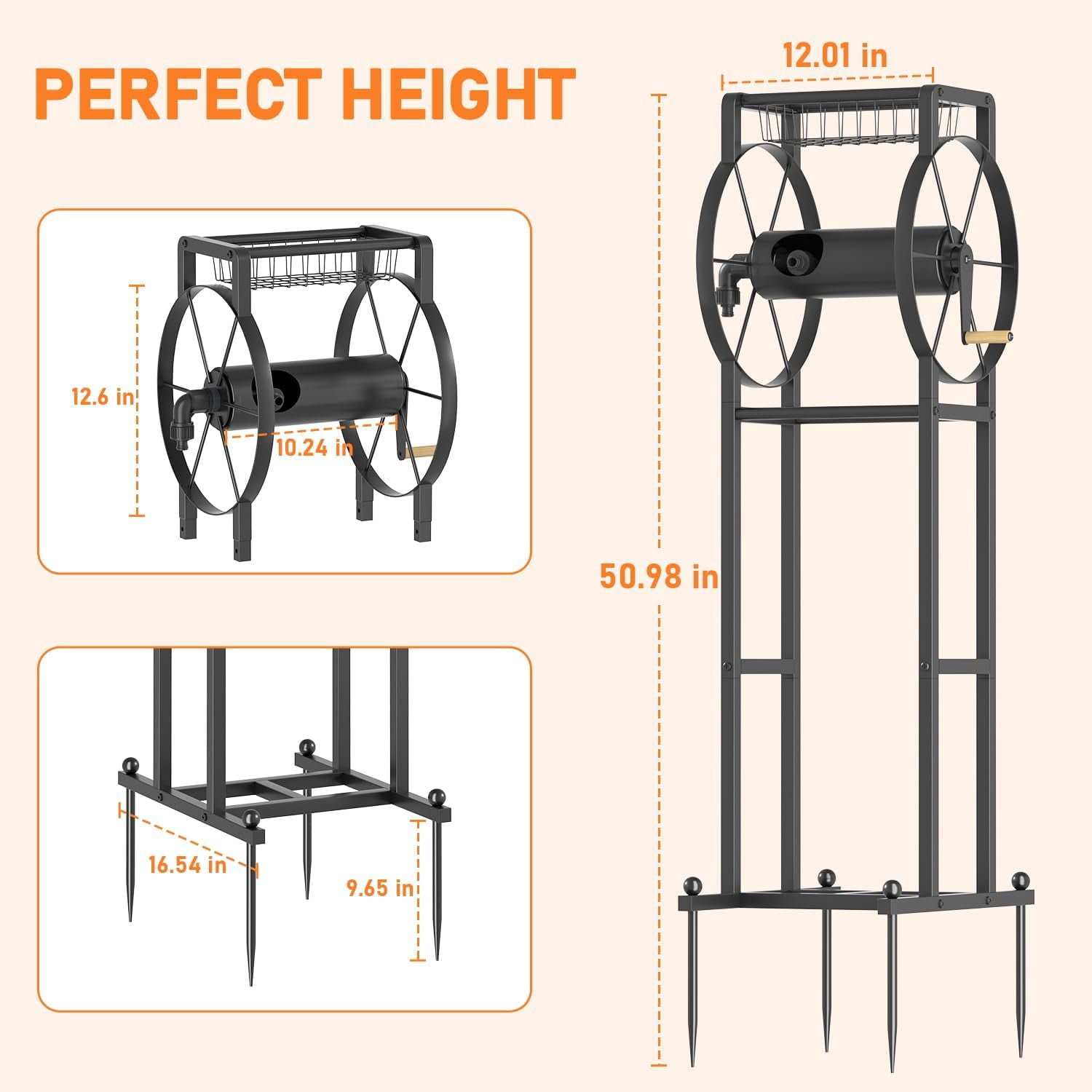 Garden Hose Reel Stand with Storage Rack - 125ft 5/8” Water Hose Organizer Holder, 4 Ground Spikes & Hooks, 3.9ft Leader Hose Brass Fitting, Detachable Metal Frame, Black