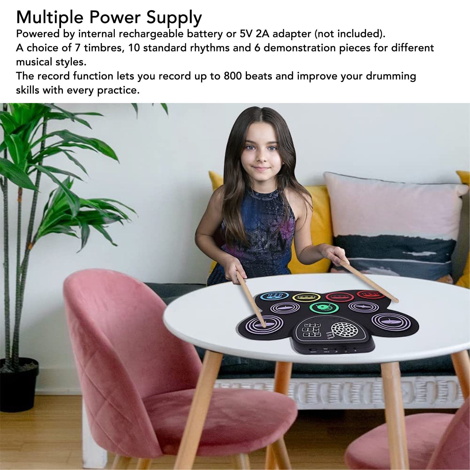 BIMZUC Roll Up Electric Drum Set Colorful Electronic Drum Pad with Built In Speaker Foot Pedal and Drumsticks 16.14 inches / 41 cm Tabletop Drum Kit for Kids and Beginners