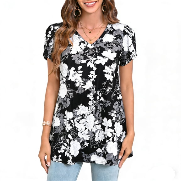 Womens Summer Blouses V Neck Loose Dressy Shirts Petal Short Sleeve Plus Size Tunic Tops