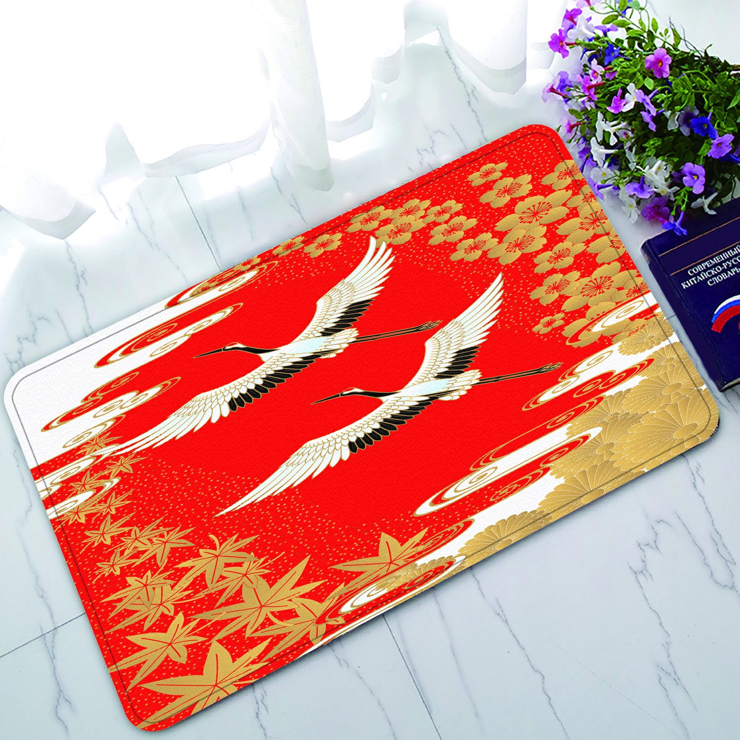 PHFZK Asian Doormat, Classical Japanese Style of Cranes Cherry and