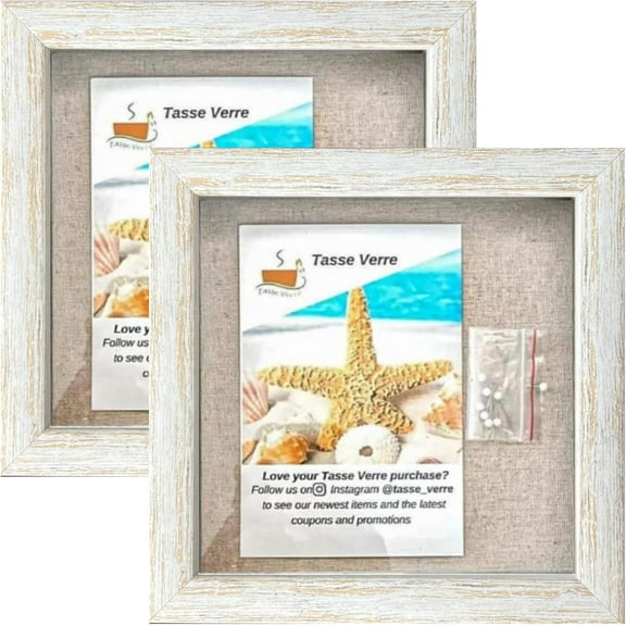 Tasse Verre 8x8 Rustic White Shadow Box Frame (2-Pack) - Ready to Hang Shadowbox Display - Easy to Use -