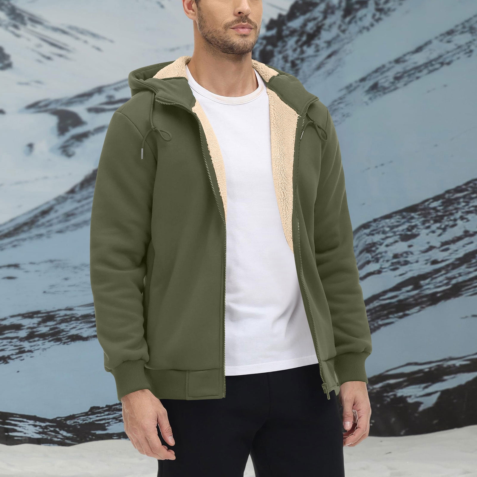 GuangCheng Mens Sherpa Lined Hoodies,Full Zip,Hooded Sweatshirts,with Plush Fleece Interior,Army Green,S