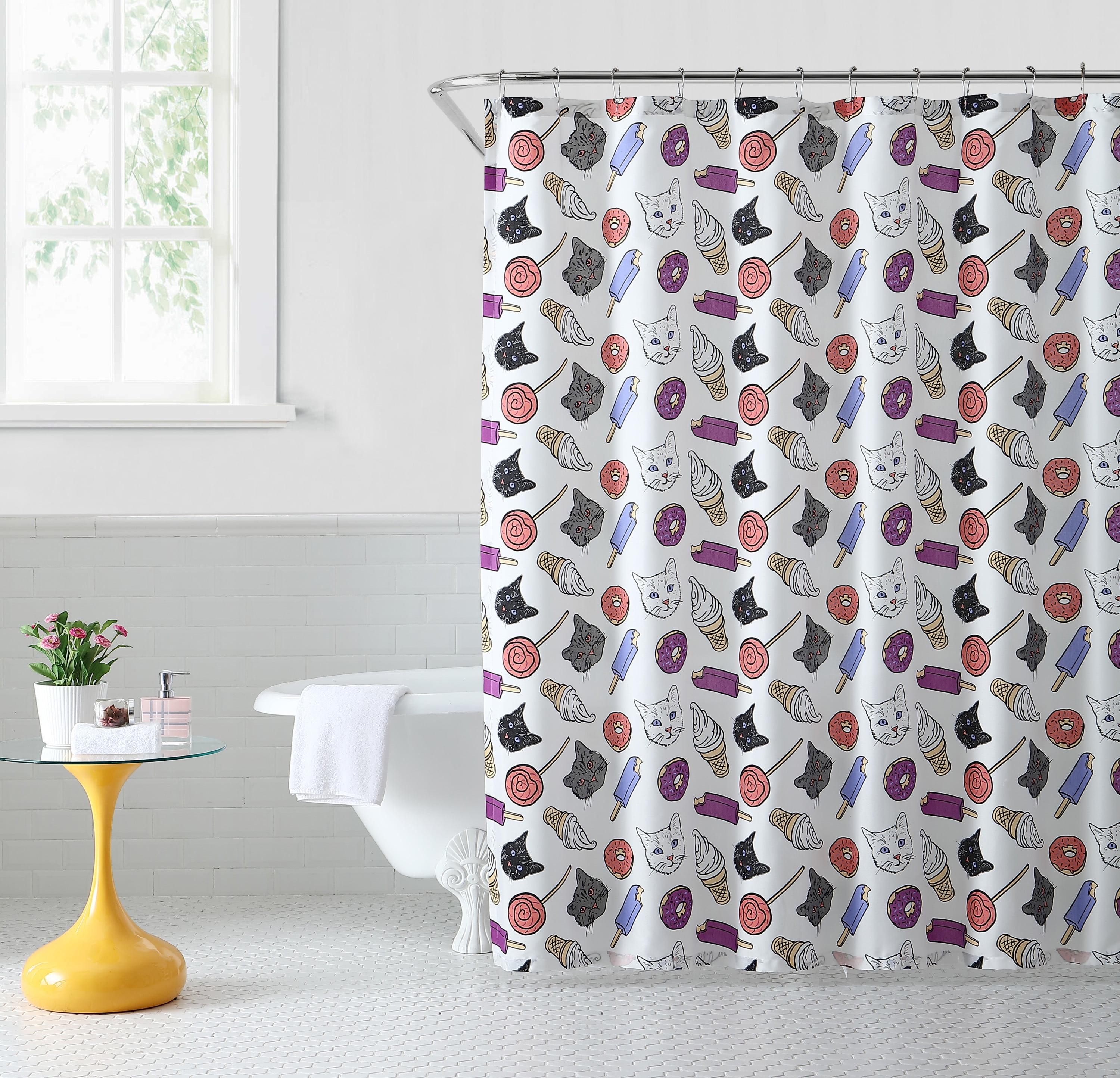 Oh Hello Fabric Shower Curtain, Cat & Junkfood Print