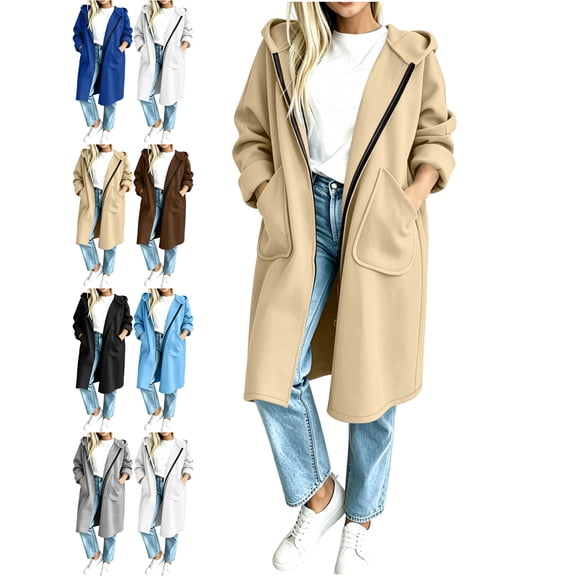 Womens Jackets Long Length Hooded Long Sleeve Pocket Zip-up Jacket