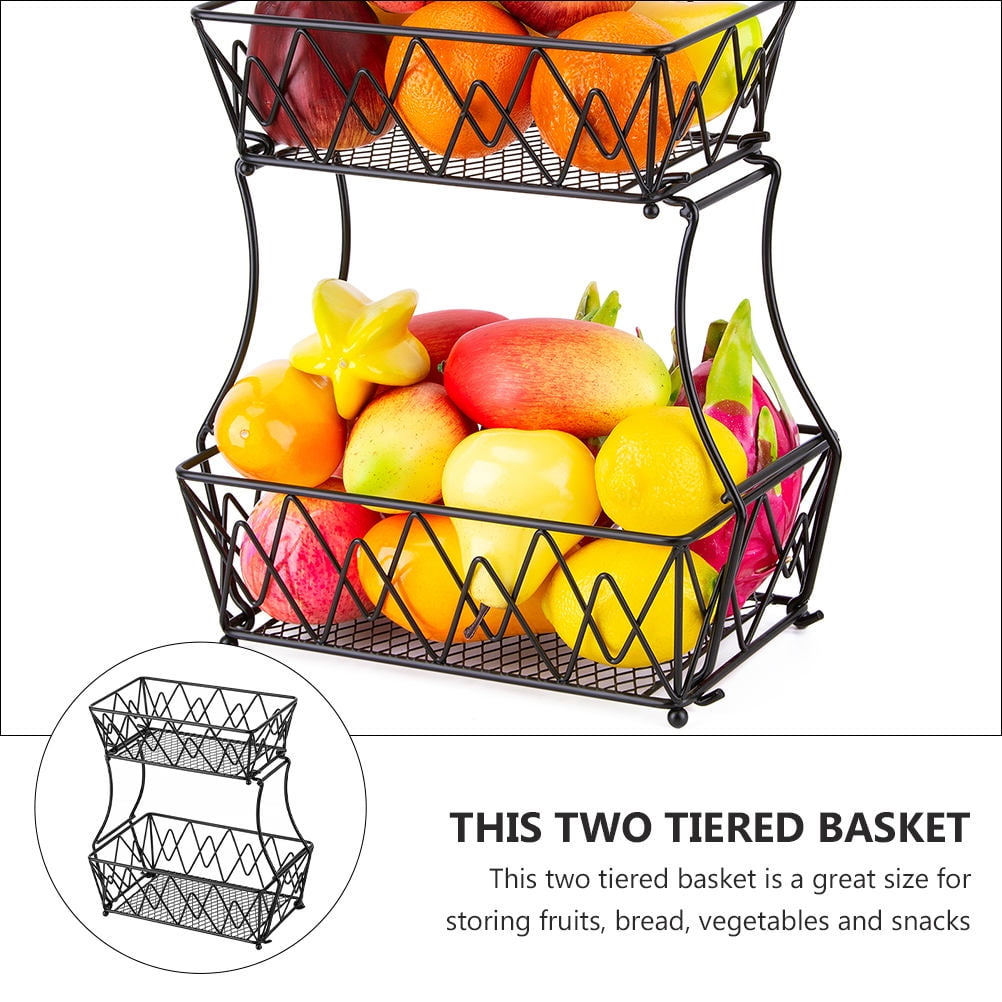 OUNONA Two-Tier Glossy Black Fruit Basket and Vegetable Storage Rack Organizer for Kitchen Countertop and Pantry