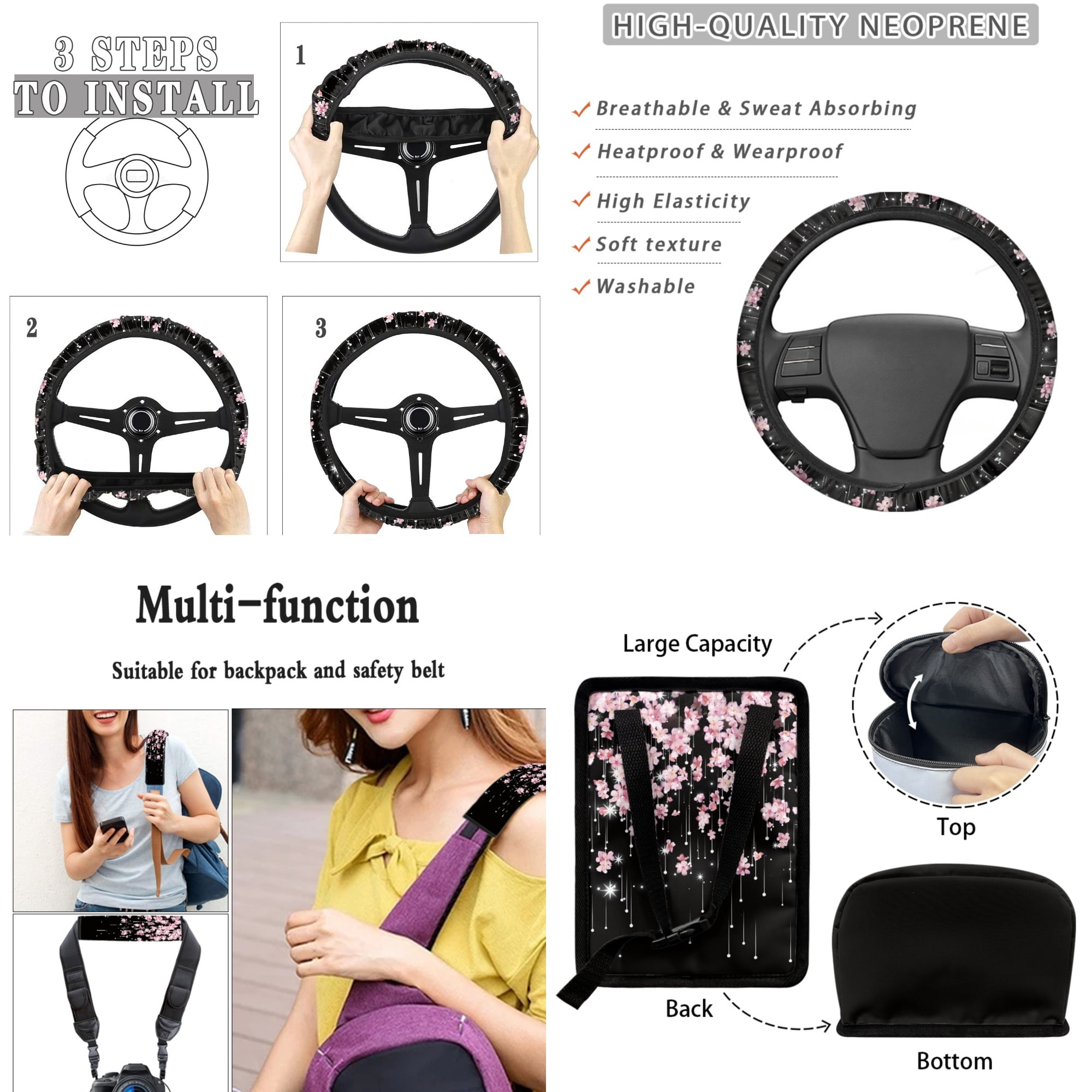 Yuyamidu Cherry Blossom Car Seat Cover Set of 15 Pink Steering Wheel Cover Seat Belt Strap Cover Trash Cans Rear View Mirror Cover Cup Coaster Keychain Air Vent Storage Bag Universal Fit