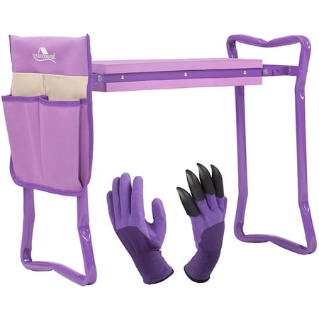 Outdoor 2-in-1 Garden Stool and Kneeler, Garden Kneeler and Seat Folding Kneeling Bench Stool with Tool Pouches Soft EVA Foam for Gardening, Purple