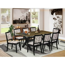 East West Furniture X677X2630-9 Dining Room Set, Distressed Jacobean - A Table & 8 Stackable Chairs with White & Gray Pattern Faux Leather Fabric - 9 Piece