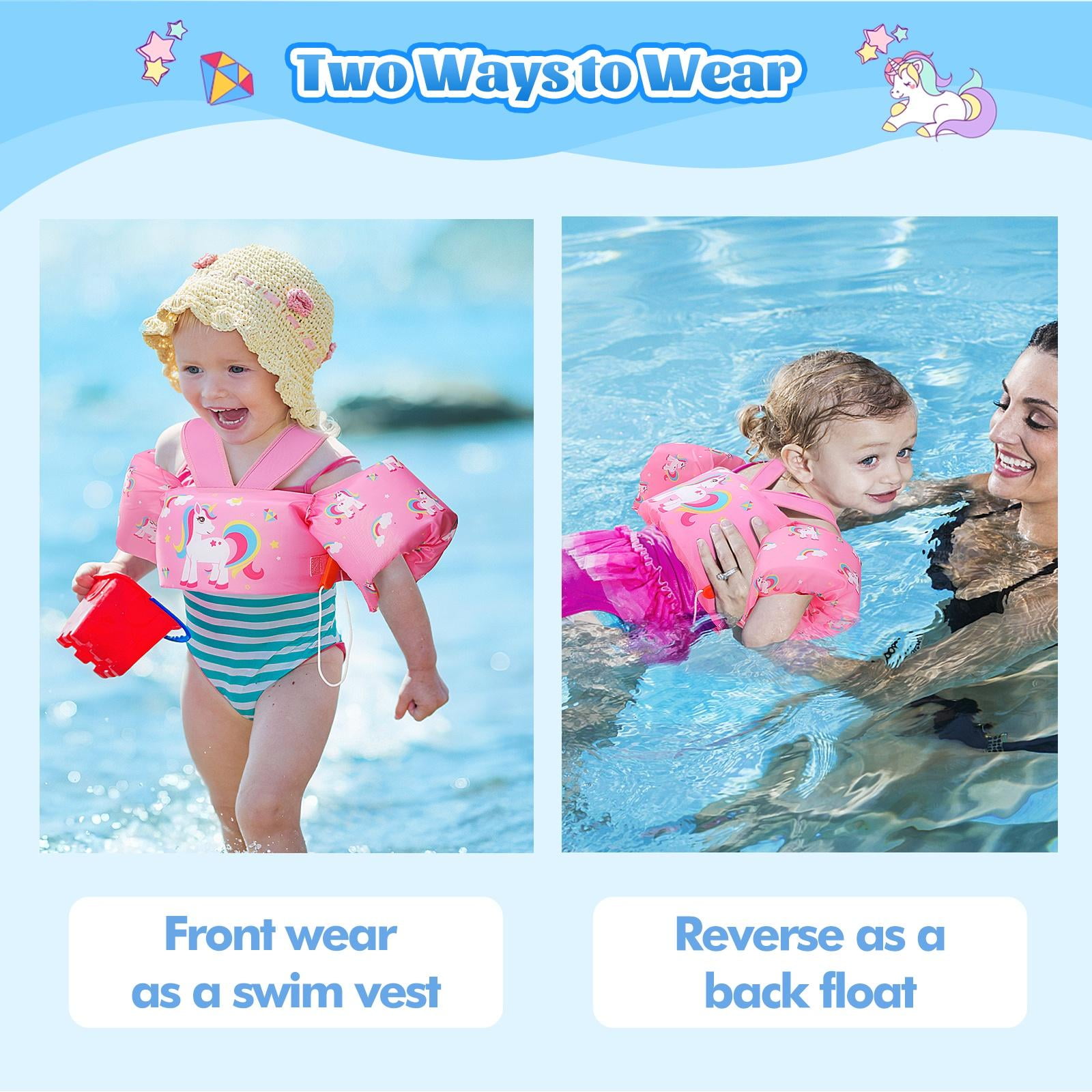 MoKo Toddler Swim Vest for Kids 20-30-50lbs, Swim Arm Floaties Pool Learning Swim Training Equipment, Pink Unicorn
