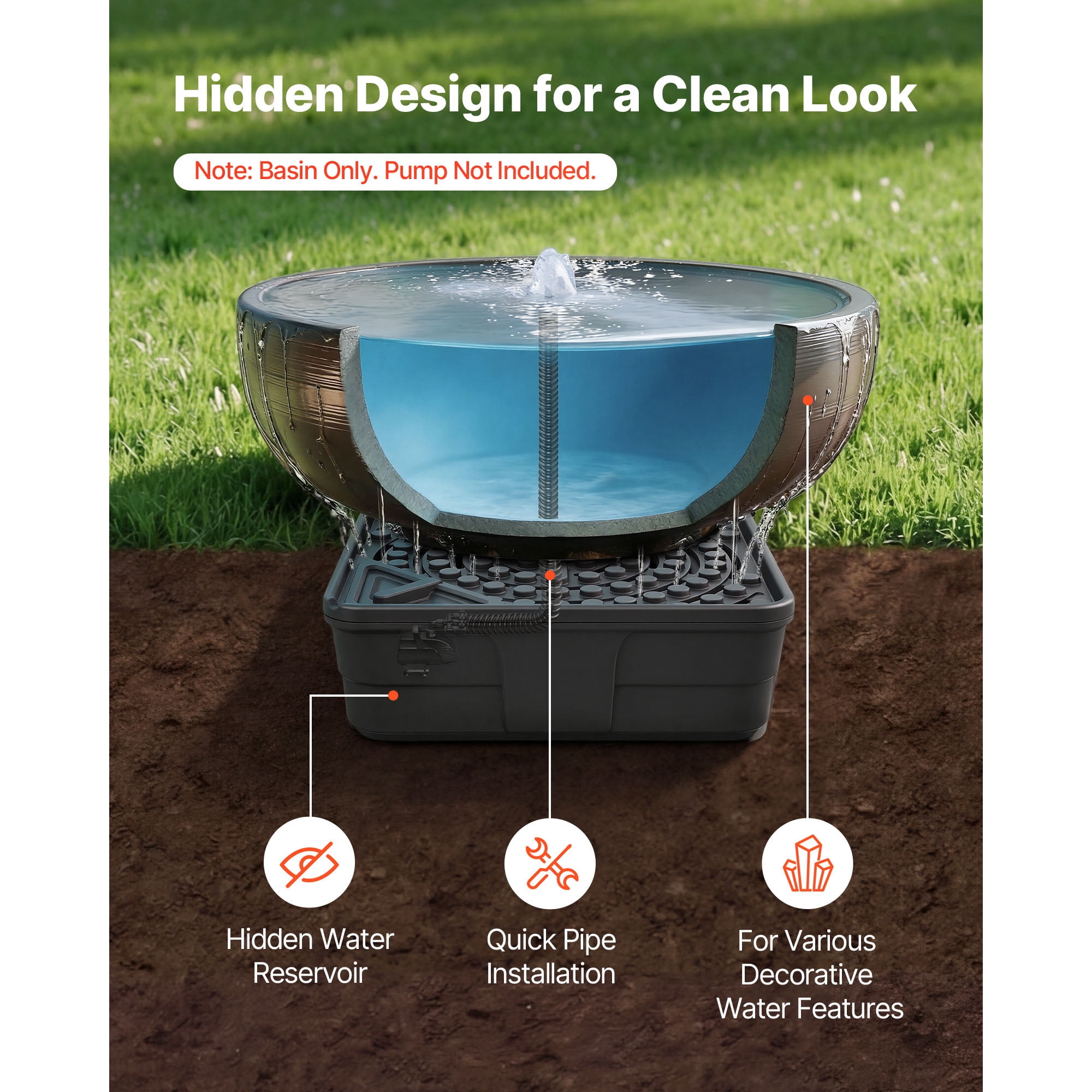 KFFKFF 30-Inch Water Feature Basin for Garden and Landscape, Durable Reservoir for Bubbling Rock and Decorative Statues, Supports Up to 500 lbs, Black
