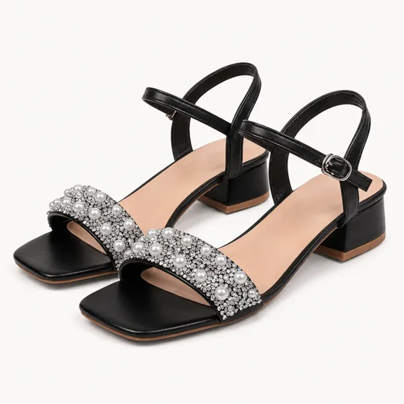GeeYea women’s Black Pearl Low Heel Sandals, Square Toe Open Toe Block Heel Dress Sandals with Rhinestone Strap