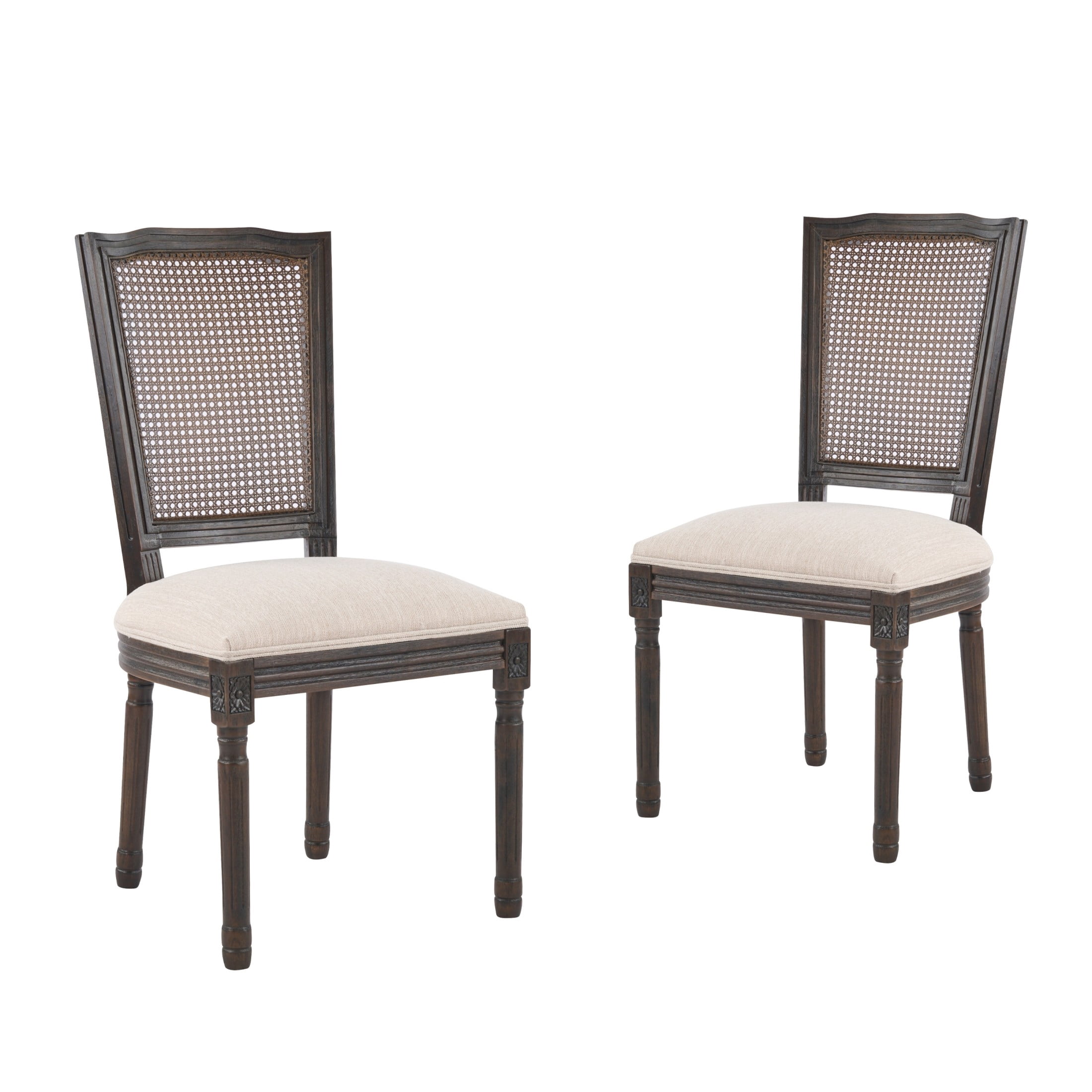 Christopher Knight Home Set of 2 French Country Dining Chairs with Rattan Cane Back, Dark Walnut+Beige