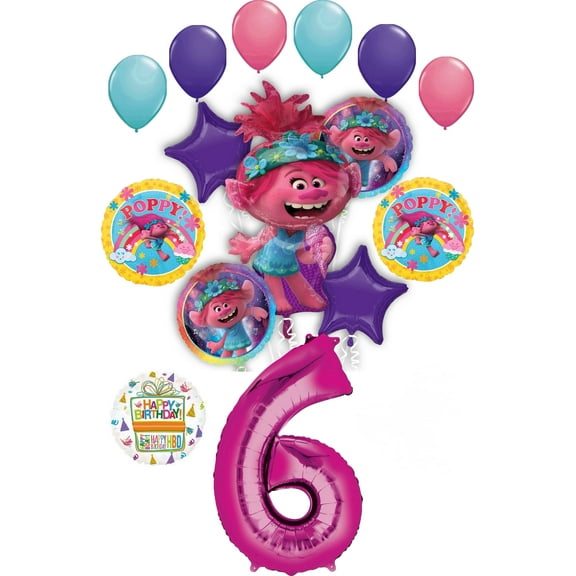 Poppy World Tour 6th Birthday Party Supplies 15pc Balloon Bouquet Decorations