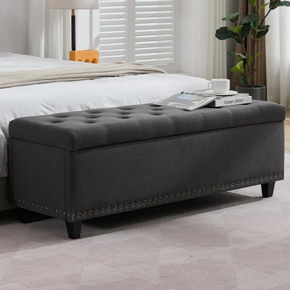Grey Fabric Tufted Storage Bench with Nailhead Trim, 50.8 Inch Upholstered