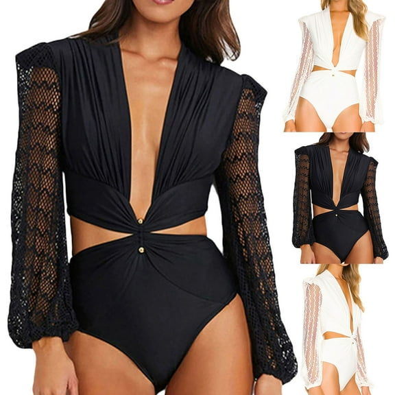 UTSJKR Women's Puff Long Sleeves One Piece Swimsuit Rash Guard Ruffle V-Neck Bathing Suit Beach Cut Out Monokini Swimwear Black S