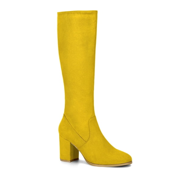 Unique Bargains Women's Side Zipper Chunky Heel Knee High Boots Yellow US 8.5