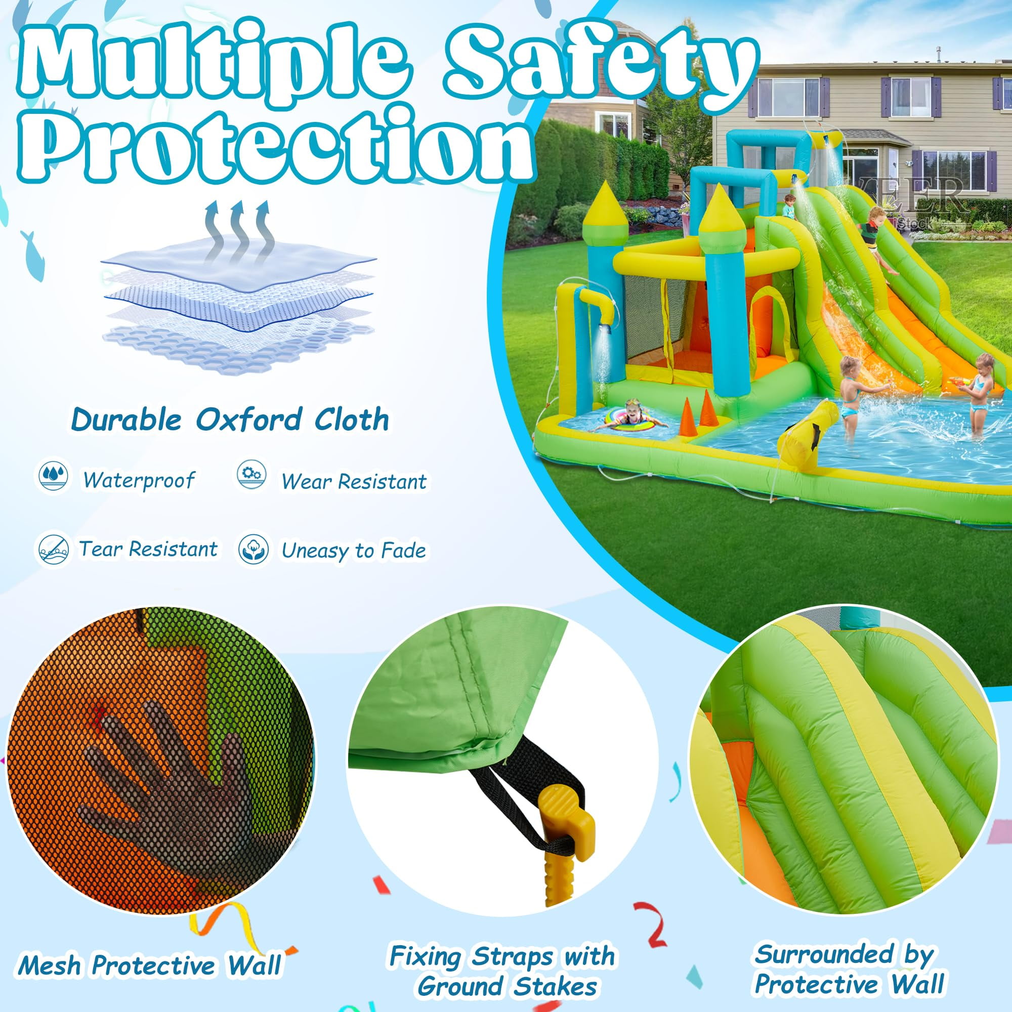 Inflatable Water Slide,10 in 1 Water Park Bounce House for Kids 3-12 with Blower,Splash Pool, 2 Slides, Water Cannon, Climbing Wall,Blow up Water Slides for Kids Outdoor Backyard