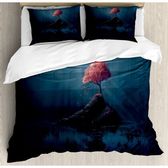 Dark Forest Duvet Cover Set, Single Tree in the Middle of a Deserted Area at Night Spooky Theme, Decorative 3 Piece Bedding Set with 2 Pillow Shams, Calking Size, Dark Blue Dried Rose, by Ambesonne
