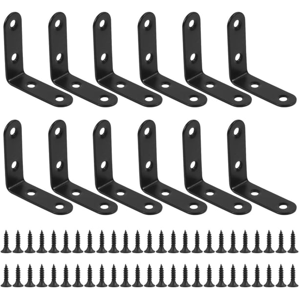 XmhyTop-A Paquete de 12 soportes en L negros de 5 x 5 cm, soporte de esquina con tornillos, soporte para estante, soporte para muebles de madera