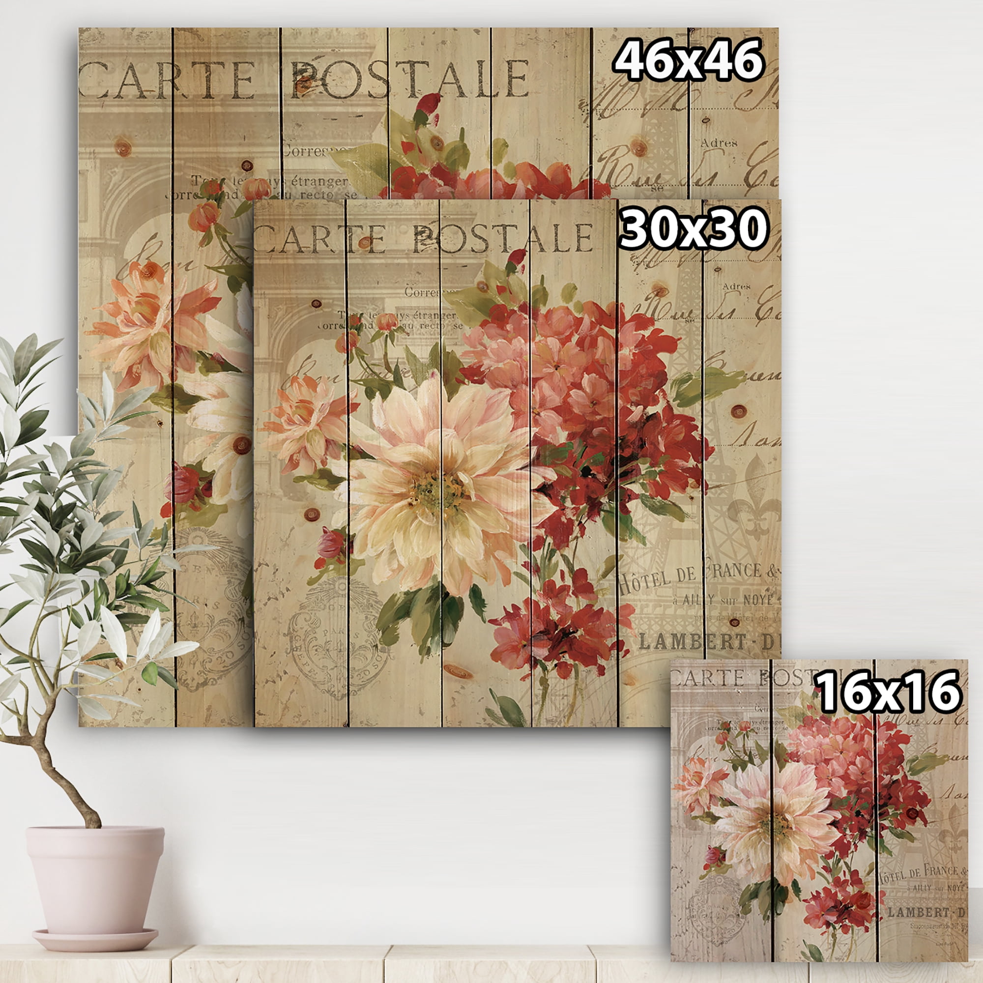 Designart 'Vintage Postcard with Red Flowers I' Traditional Print on Natural Pine Wood