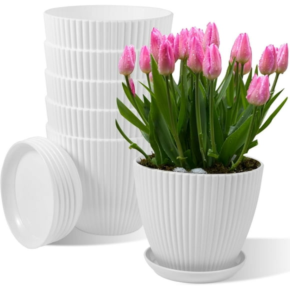 Zhuge 7 Inch Large Plant Pots, 6 Pack Flower Pots with Drainage Hole and Tray Saucer Plastic Plant Pot for Outdoor Indoor House Plants and Flowers Herbs (White）