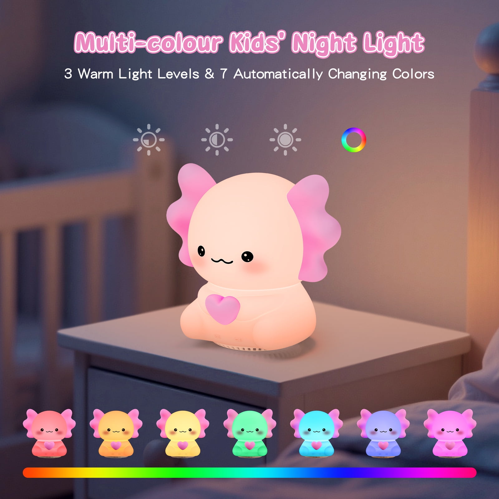 Axolotl Night Light with Sound Machine, Pink Silicone Touch Lamp, Wireless Speaker, Remote Control, Soft Touch, Baby Room Lamp