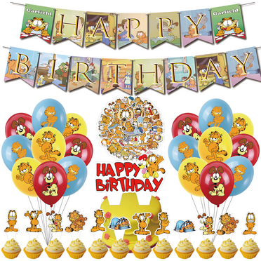 82PCS For Garfield Theme Birthday Party Decorations,Party Supply Set for Kids with 1 Happy Birthday Banner Garland,50 Stickers,18 Balloons,13 Cupcake Toppers